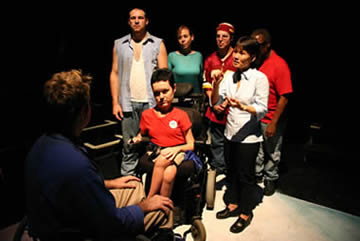 Rob McQuay faces (clockwise from the front) Selene Faer Dalton-Kumins, JP Gulla, Lindsay Allen, JP Illarramendi, Will Mincey, & Monique Holt in "Could We Start Again, Please"